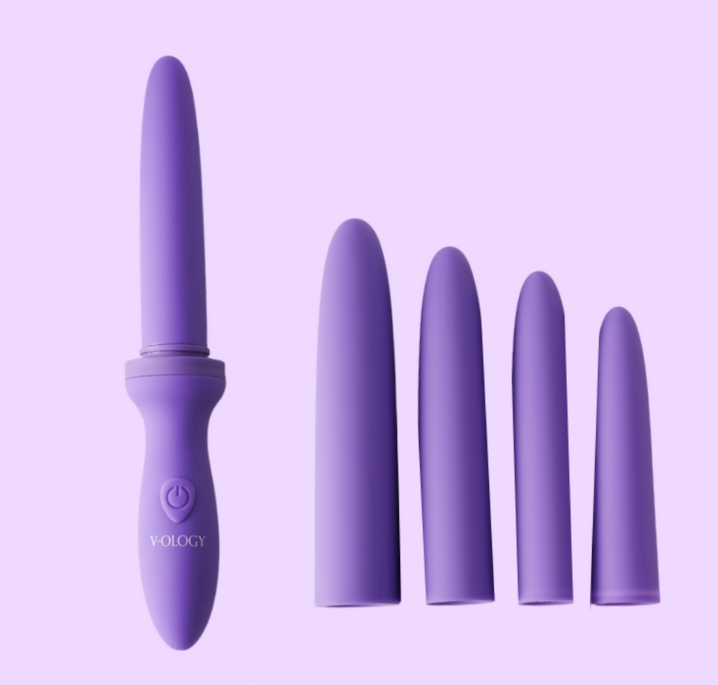 A set of Vitality Silicone Dilator Bundle by V-OLOGY on a purple background.