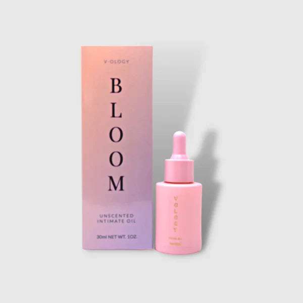 A box containing V-OLOGY Bloom Unscented Intimate Oil, a solution for maintaining intimate hygiene and preventing vaginitis and bacterial vaginosis.