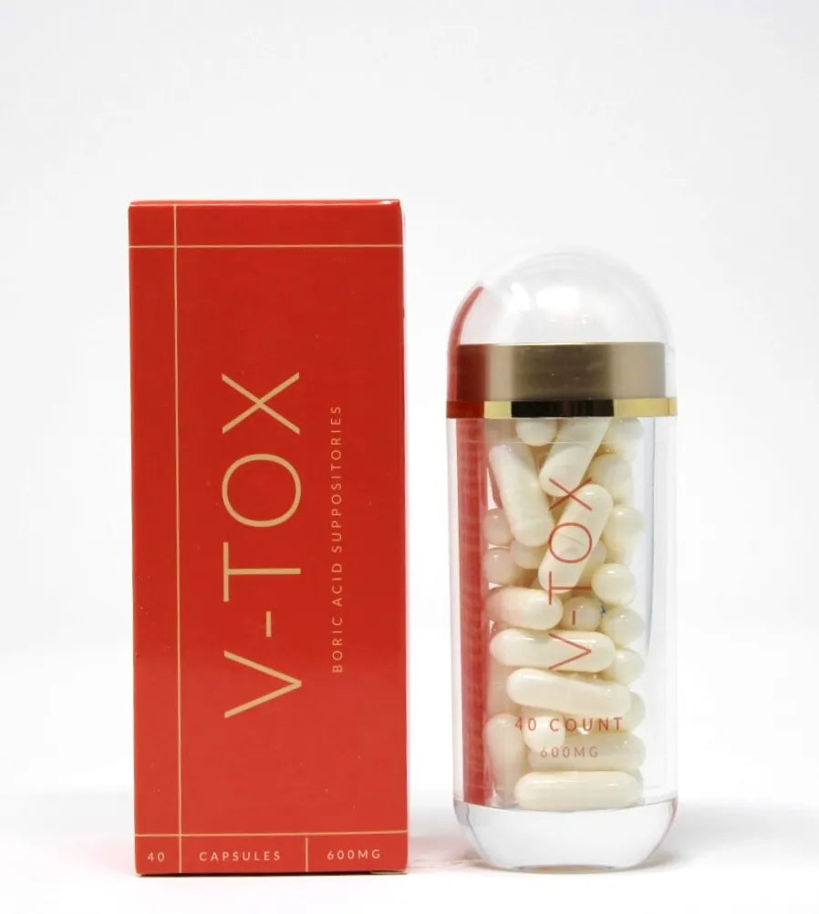 V-OLOGY V-Tox Boric Acid Suppositories next to a box.